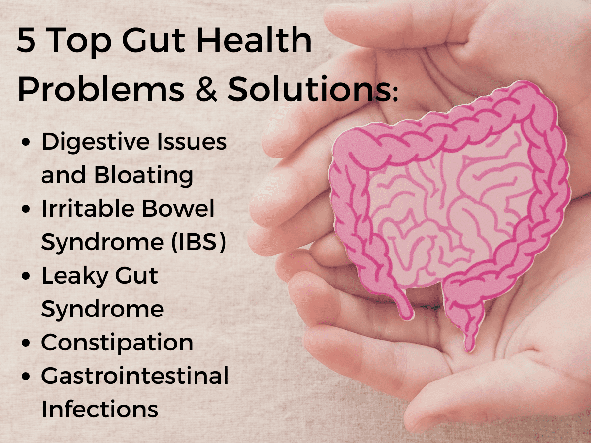 Hands holding a cut out image of healthy intestines with title 5 top gut health problems & solutions, i.e. Digestive Issues and Bloating, IBS, Leaky Gut Syndrome, Constipation, Gastrointestinal Infections.