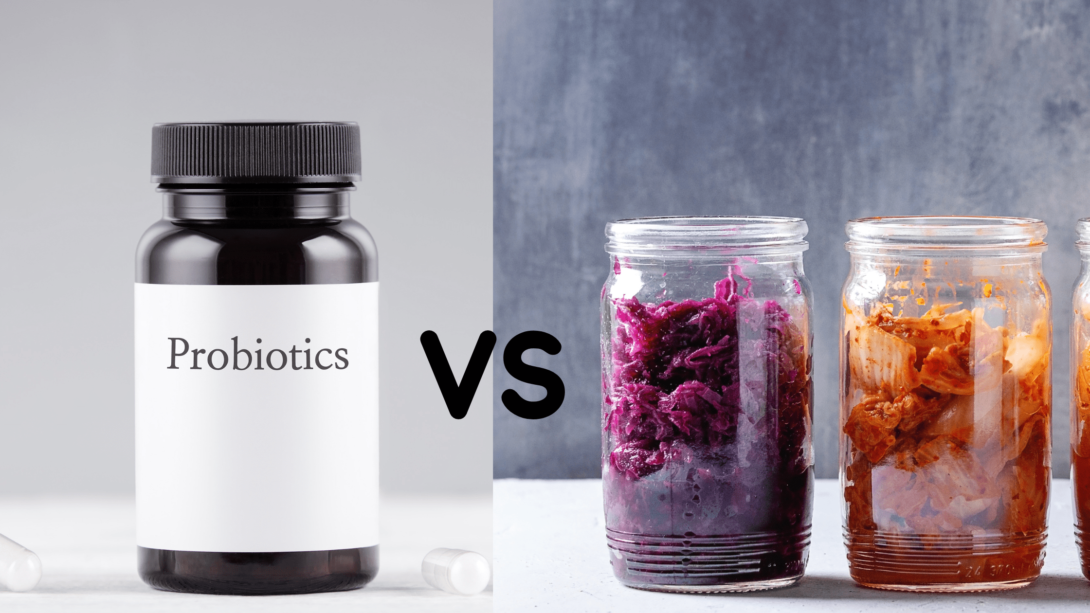 A medicine bottle of probiotics posed next to glass jars of fermented foods.